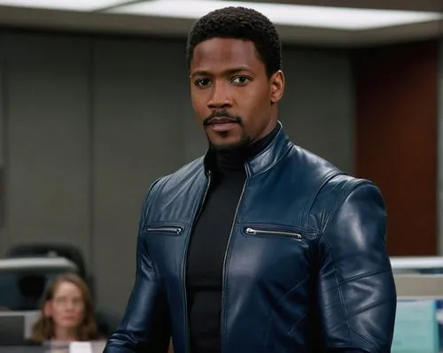 A young (((35 years old))) Eriq La Salle as young Sam Wilson (((He has short dark hair, facial hair, and he is dressed with a dark blue leather suit))), in an alternate Marvel Universe. This takes pla