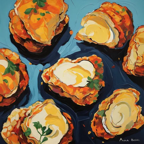 mussels,tangerines,painted eggs,cream puffs,baked potatoes,deviled eggs,oysters,oranges,hors' d'oeuvres,stuffed clam,cheese puffs,bread eggs,jacket potatoes,potato cakes,butter rolls,mandarin oranges,pelmeni,fried eggs,orange slices,empanadas,Conceptual Art,Oil color,Oil Color 08