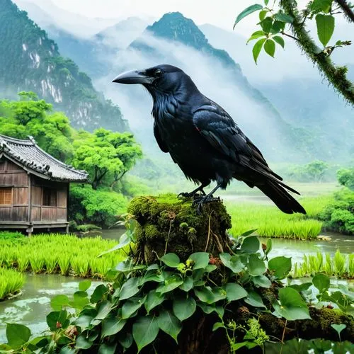 bird kingdom,asian bird,bird bird kingdom,raven bird,exotic bird,guizhou,mountain jackdaw,perched bird,nature bird,black bird,karasu,corvidae,tropical bird,perched on a log,black crow,black raven,perched birds,black macaws sari,beautiful bird,perching birds,Illustration,Paper based,Paper Based 11