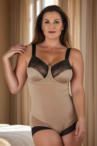 Beautyful obese 40yo brunette mature Lady in a sahara misc colour bodyshaper with longpanty and stockings, standing position,plus-size model,plus-size,female model,girdle,bodice,goura victoria,brown f