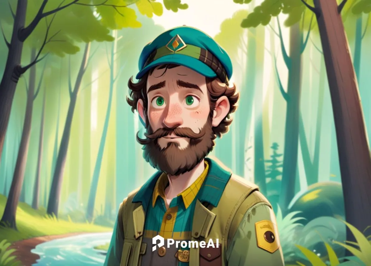 A 50 year old man, he is a forester, he is wearing an blue cap with a logo on it, his beard is greay and chesnuts colored, he is wearing forester clothes green and brown colored, he has a few rickles 