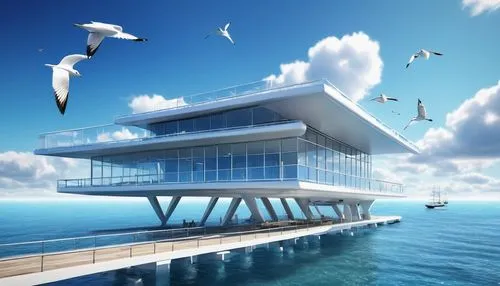 stiltsville,seasteading,cube stilt houses,floating huts,beachhouse,aqua studio,house of the sea,seaside resort,beach house,floating island,floating stage,sky space concept,stilt house,tropical house,floating islands,seafort,cubic house,lifeguard tower,futuristic architecture,beachfront,Illustration,Retro,Retro 22