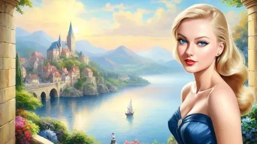 Romantic masterpiece oil painting, beautiful skinny busty woman portrait, silk dress, standing, nostalgic 1950's style kitsch, breathtaking beautiful epic vast European kingdom landscape, cobblestone 