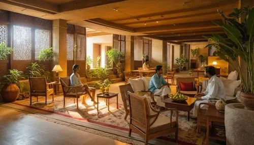 two people sit in the middle of a lobby,hotel hall,casa fuster hotel,hotel lobby,javanese traditional house,siemreap,amanresorts,Photography,General,Realistic