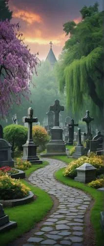 Serenity landscape, cemetery, memorial park, lush greenery, various tombstones, crosses, angels, weeping willows, blooming flowers, vibrant colors, winding cobblestone paths, tranquil atmosphere, mist