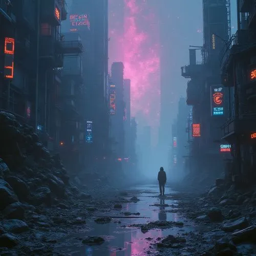 futuristic cyberpunk neuromancer world with the dreamlike imagery of a neuromancer mindscape ,a man standing on a wet road with buildings and clouds,cyberpunk,bladerunner,shinjuku,dystopian,neuromance