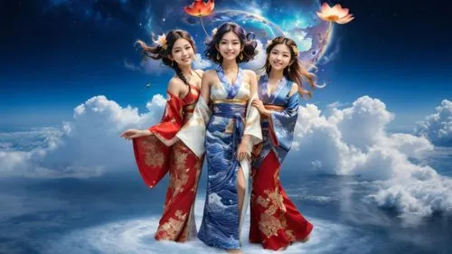 create a photo realistic image of three beautiful  Japanese goddesses. They are floating in the void near a nebula in the back ground.  they all have beautiful black hair. the mother on the left is we