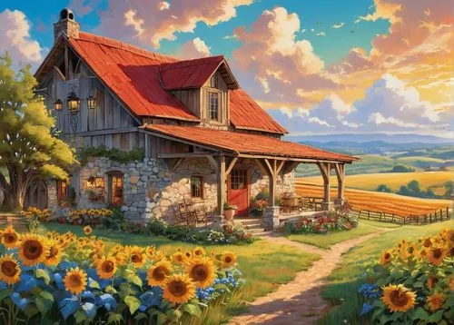 sunflower field,home landscape,farm landscape,farm background,rural landscape,country cottage,summer cottage,landscape background,farm house,meadow landscape,sunflowers,little house,country house,lonely house,children's background,agricultural scene,lachapelle,farm hut,red barn,sunflowers in vase,Illustration,Abstract Fantasy,Abstract Fantasy 13