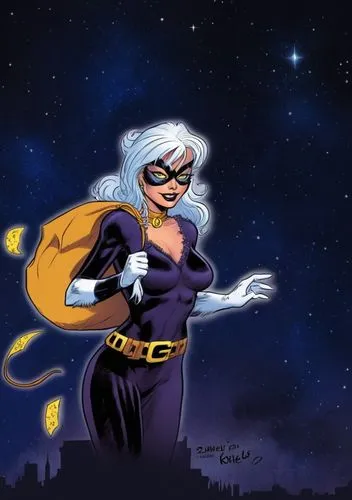 Black Cat und einen Sack voller Diebesgut in der rechten Hand von Marvel, dunkelblauer Hindergrund, Sterne, Skizze nur kolorieren,lady catwoman holding a bag in her right hand,batgirl,ororo,birds of p