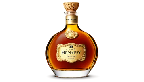 Hennessy cognac bottle, luxury drink, glass container, golden liquid, intricate label design, ornate cork, metal cap, embossed logo, reflective surface, shallow depth of field, warm lighting, 3/4 comp