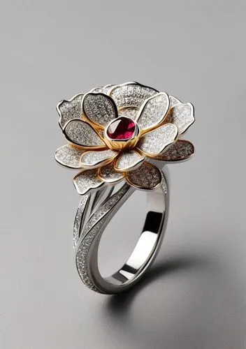 jewellry design luxury design 
women ring flower jewerly 
flower ring ruby and diamond gem platinium 18k 
white gold
really photo 
 with round diamonds  on the ribbon, and   ,high quality, high resolu