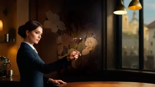 温暖的环境，充满咖啡气息，美味马提尼,a woman holds a wine glass up with both hands,bellocchio,amelie,woman at cafe,alita,woman drinking coffee,marla