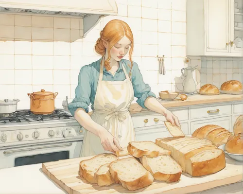 Describe a peaceful kitchen scene where someone is delicately buttering slices of warm, freshly baked bread.,girl with bread-and-butter,girl in the kitchen,baking bread,bread recipes,breads,bakery,fre