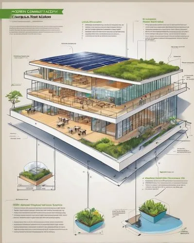 Modern community academy, contemporary building, glass façade, steel frame structure, minimalist design, green roof, solar panels, large windows, open interior space, wooden floors, modern lighting fi