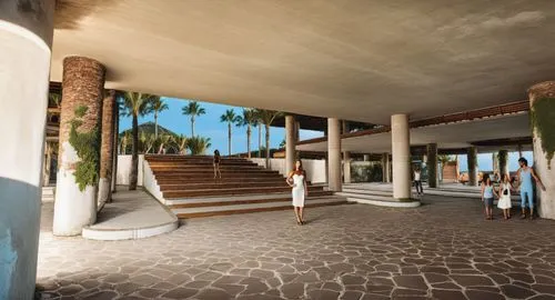 outdoor scene, aged concrete wall, night club, cave style, underground, realistic, seamless, warm light, sky blue in the background,amanresorts,renderings,breezeway,3d rendering,beachfront,carports,ve