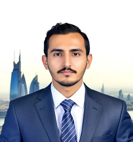  اجعل الخلفية لصورة مدينة دبي مع الاحتفاظ بصورة الشخص الاصلية ,a man wearing a suit and tie, standing in front of the skyline,waqas,yemeni,mohammadzadeh,huwaidi,feyzullah,khaldoon