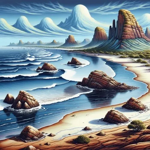 a painting of a rocky beach with an ocean landscape,navajo bay,dune landscape,coastal landscape,beach landscape,dune sea,sea landscape,Illustration,Realistic Fantasy,Realistic Fantasy 25