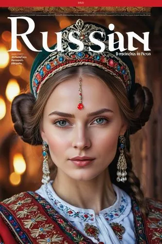 Cover of magazine with title RUSSIAN VILLAGE representing Russian handsome woman in folk costume,an image of a woman in traditional russian clothing,rusian,russky,russan,eurasian,russet,rustam,Photogr