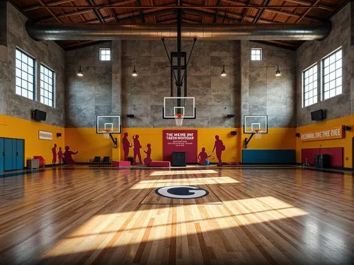 Rustic gymnasium interior, textured concrete walls, polished wooden floors, sports equipment silhouettes, vibrant team colors, motivational quotes, dynamic lighting, shallow depth of field, 1/2 compos