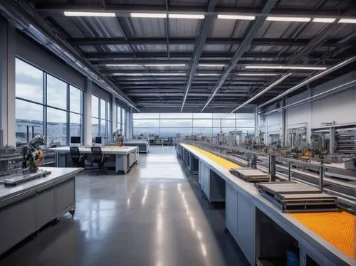 Modern factory design architecture, industrial building, sleek lines, minimal decoration, steel beams, glass walls, concrete floor, futuristic robots, automated production line, conveyor belts, metal 