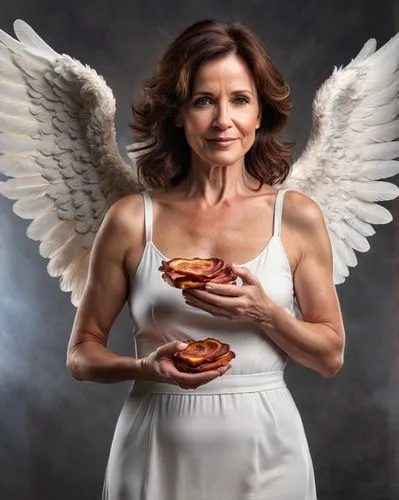 an female 45yo angel with dark brown hair has a bacon of hope in his hands,diet icon,business angel,woman holding pie,menopause,angel wing,woman eating apple,angel wings,chicken wings,angelology,guard