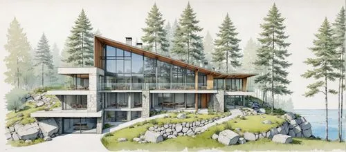 this house has lots of glass windows and trees,house with lake,house in the forest,forest house,arkitekter,mid century house,renderings,Unique,Design,Blueprint