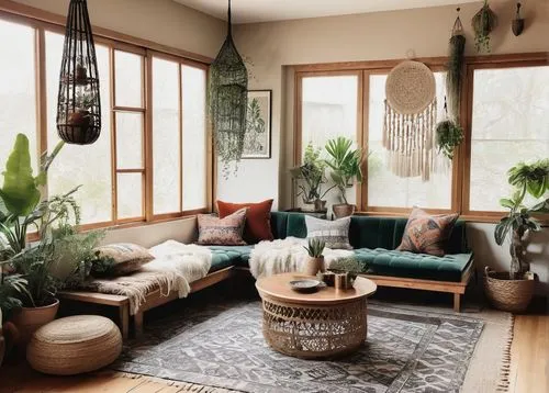 sunroom,house plants,living room,houseplants,livingroom,sitting room,boho art style,home interior,mid century modern,coziest,coziness,interior decor,mid century,family room,mid century house,decor,scandinavian style,rustic aesthetic,green living,showhouse,Illustration,Paper based,Paper Based 30