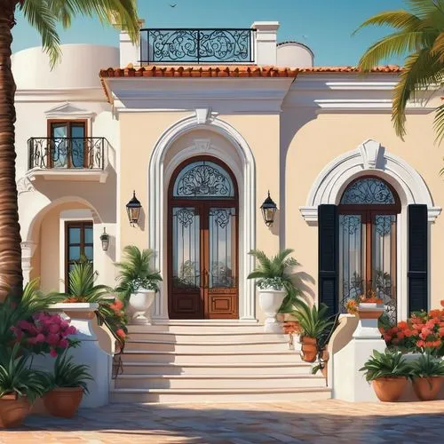 Modern villa, Mediterranean architectural style, white stucco exterior walls, curved lines, ornate balconies, wrought iron railings, terracotta roof tiles, lush greenery surrounding the property, tall