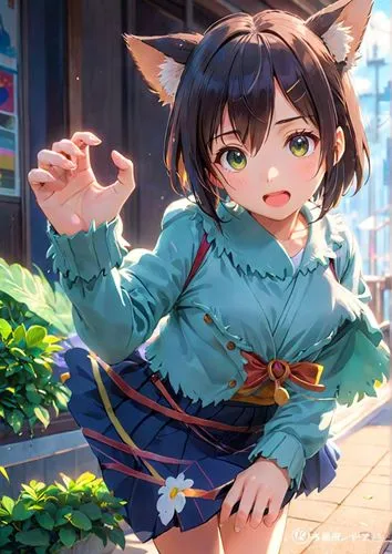 a girl wearing skirt,,miku maekawa,domestic short-haired cat,calico cat,stray cat,nyan,street cat,calico,cat's cafe,playing outdoors,honmei choco,cute cat,cat ears,cat child,cat kawaii,anime japanese 