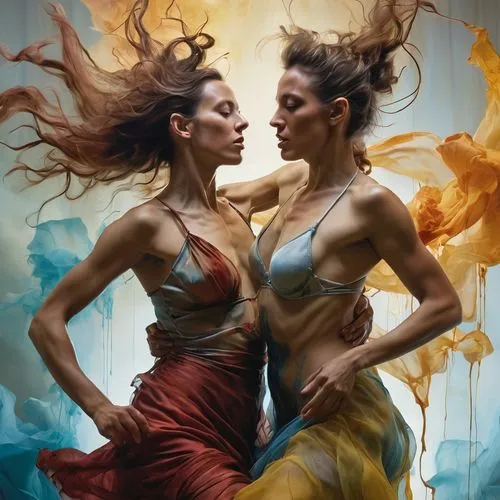 two gorgeous women dancing, detailed, acrylic, high contrast, by Jenny Saville and Kim Keever, eternal, ultra detailed, ultra quality, detailed matte painting, deep color, fantastical, intricate detai