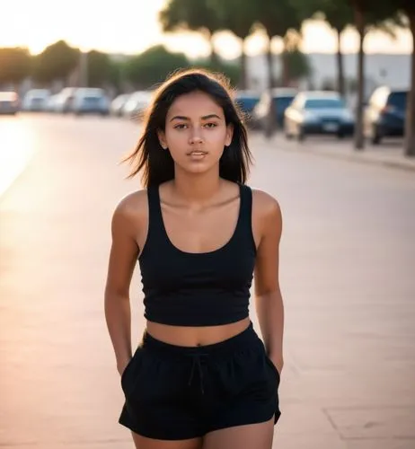 The Moroccan girl, about 18 years old, tanned, straight black hair, wears sneakers, a tank top and black shorts.  A woman in love walks down the street at sunset.,a woman is walking on a city street,n