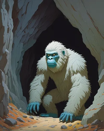 Create a humorous dialogue between a yeti and a hiker who accidentally stumbles upon its hidden cave.,gorilla,yeti,cave man,monkey island,ape,primate,game illustration,baboon,anthropomorphized animals