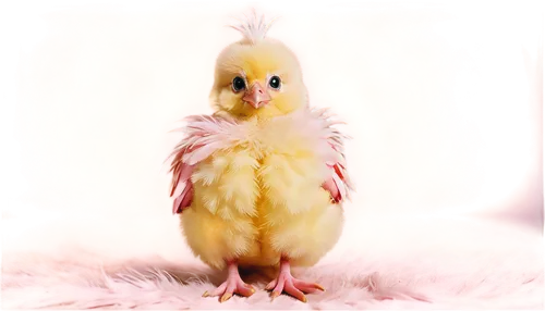 cute Easter chick, solo, yellow feathers, small beak, big round eyes, pink legs, sitting, fluffy texture, soft focus, warm lighting, shallow depth of field, pastel color tone, 3/4 composition, gentle 