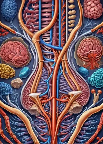 Anatomical illustration, muscle fibers, detailed architecture, varied colors, microscopic view, high magnification, 3D rendering, realistic texture, intricate structures, biomedical visualization, sci