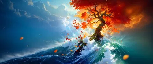 пусто,an artistic painting of a tree on a wave,fire and water,fire background,burning tree trunk,eruption,erupting,eruptive