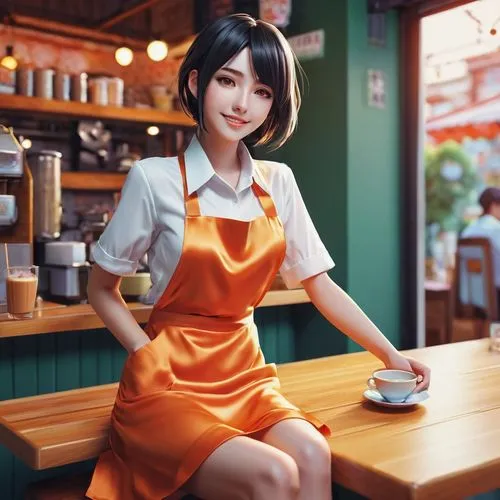 By Yves Di, a beautiful androgynous, satin slip dress, beautiful face, beautiful legs, light orange eyes, very happy face, full body, colorful colors, detailed background beautiful, coffee shop, waitr