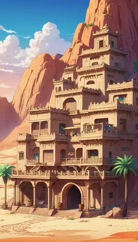 semidesert,ancient city,agrabah,karnak,machico,ziggurats,ziggurat,nabataeans,stone desert,riad,cotan,kemet,shangri,lybia,pharaonic,the desert,rathas,kanawa,desert background,sandrock,Illustration,Japanese style,Japanese Style 03