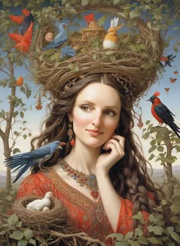 A fascinating medieval painting in the style of James K. Christensen, depicting a mythical girl, the mistress of the steppe, of European appearance, with a giant horizontal bird's nest of branches and