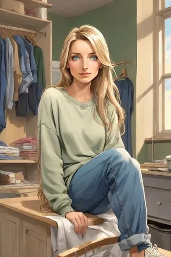 blonde sits and reads the newspaper,girl in the kitchen,animated cartoon,olallieberry,laundry room,blue-collar worker,pajamas,sweatshirt,elsa,cleaning woman,female worker,housewife,housekeeper,housework,girl studying,seamstress,carpenter jeans,laundry,sweatpant,jeans background,Digital Art,Comic