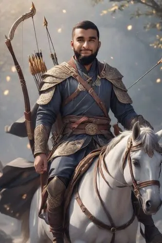 Long beard without a mustache, in male Muslim clothing, on a horse with a bow, no tattoos, with short hair, stands like a hero.
,a man on top of a horse holding arrows,marcopolo,saladin,nassirian,moha