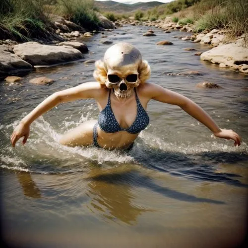 a lady wearing a skull face mask in a stream,the blonde in the river,water bug,splaying,photoshoot with water,water wild,splashing around