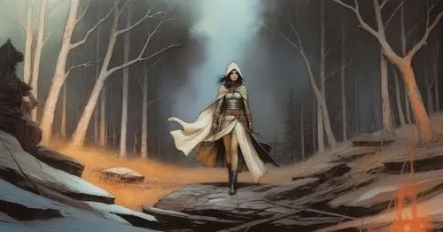 a woman in a white coat walking through a forest,mirkwood,thingol,thranduil,melkor,sorceress,fingolfin,Illustration,Realistic Fantasy,Realistic Fantasy 06