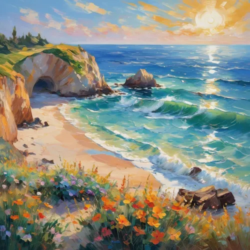 coastal landscape,beach landscape,sea landscape,landscape with sea,mountain beach,sea beach-marigold,seascape,cliffs ocean,cliff beach,landscape background,pacific coastline,sunrise beach,beach scenery,sun and sea,santa barbara,carmel by the sea,dolphin coast,panoramic landscape,laguna beach,california,Conceptual Art,Oil color,Oil Color 10