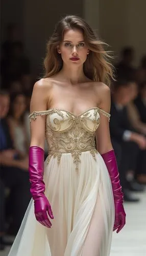 adult teen wear greek long elegant white dress with gold embroidery  and  long magenta  leather gloves extend to the sleeves and  thigh high magenta boots matching (elegant). parade for an important m