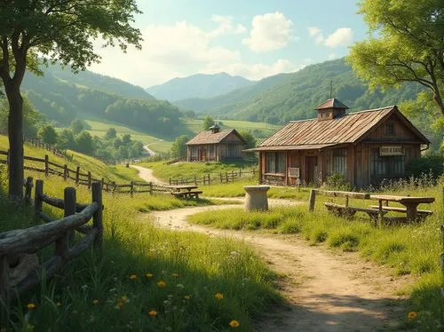 home landscape,countryside,alpine village,meadow landscape,summer cottage,rural landscape,mountain village,landscape background,mountain settlement,mountain meadow,the cabin in the mountains,green meadow,alpine pastures,idyllic,alpine landscape,mountain valley,summer meadow,salt meadow landscape,wooden houses,house in the mountains,Photography,General,Realistic