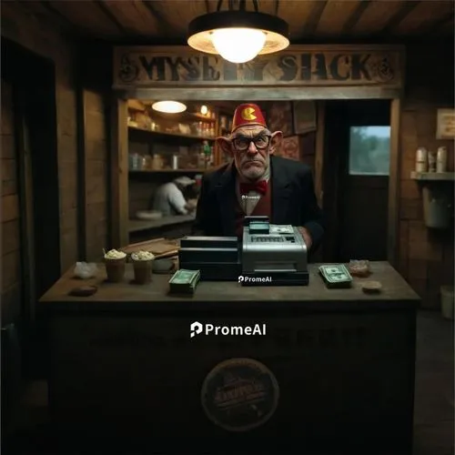 Mystery Shack gift shop and merchandise and tourist attraction with customers with ceiling light,an old man behind a cash register in a store,professedly,gcpd,professeur,pieczenik,lenderman,prosecuter