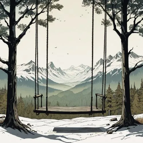 syberia,backgrounds,chairlifts,ski lift,spruce forest,empty swing