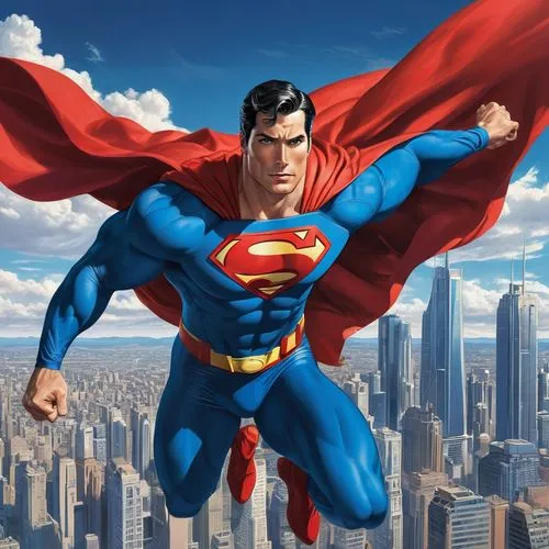 Superman, muscular man, iconic blue costume, red cape, yellow belt, flying pose, city skyline, Metropolis, sunny day, clear blue sky, dramatic clouds, strong facial expression, intense eyes, chiseled 