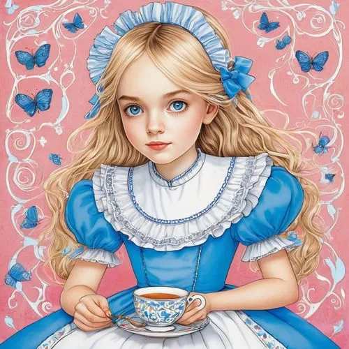 alice in wonderland,colombina,tea party,fairy tale character,tea card,coffee tea illustration,Illustration,Abstract Fantasy,Abstract Fantasy 04