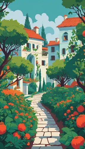 travel poster,pathway,orange tree,oranges,oasis,home landscape,capri,idyllic,tangerines,tangerine tree,positano,gardens,citrus,small landscape,apricots,meteora,orange bay,towards the garden,portofino,walkway,Illustration,Japanese style,Japanese Style 06